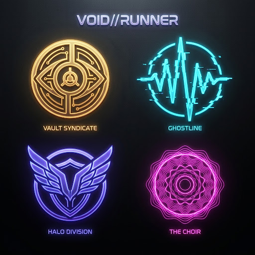 Visual emblems of the 4 factions: Vault Syndicate, Ghostline, Halo Division, and The Choir