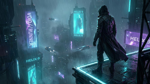 A dark, rainy cyberpunk cityscape at night. Tall monolithic skyscrapers are adorned with glowing cyan and neon purple holographic billboards. In the foreground, a lone figure in a dark trench coat stands on a wet rooftop edge, looking out over the futuristic metropolis. Flying vehicles with glowing trails move through the misty, polluted air.